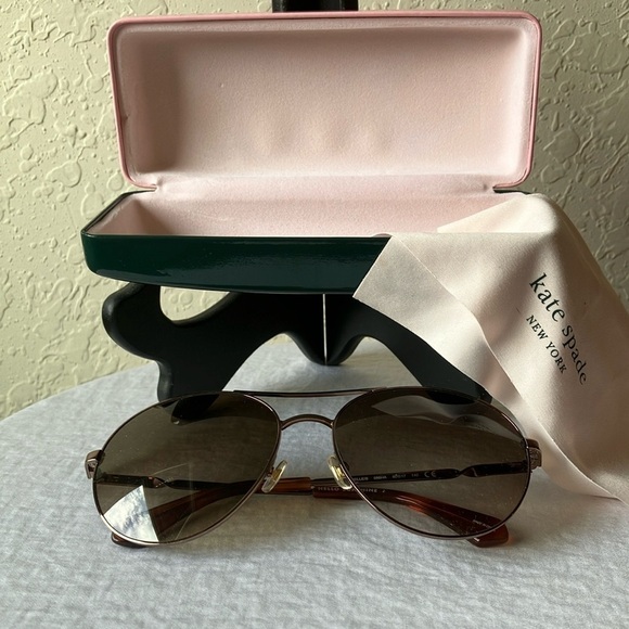 Kate Spade:Rose Gold Aviator (Joshelle) Sunglasses-case & cloth-brown lens-flaws - Picture 1 of 16